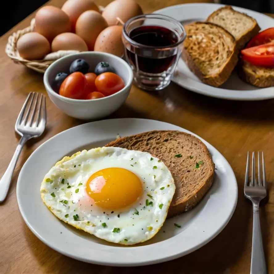 صبحانه برای ورزشکاران؛ بشقابی از تخم‌مرغ، نان کامل، میوه‌ها و اسموتی پروتئینی.