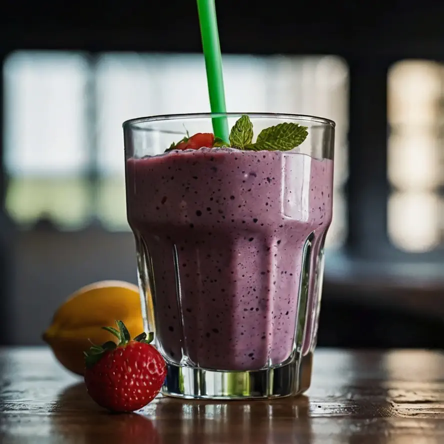 صبحانه برای ورزشکاران؛ بشقابی از تخم‌مرغ، نان کامل، میوه‌ها و اسموتی پروتئینی.