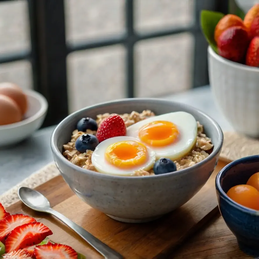 صبحانه برای ورزشکاران؛ بشقابی از تخم‌مرغ، نان کامل، میوه‌ها و اسموتی پروتئینی.