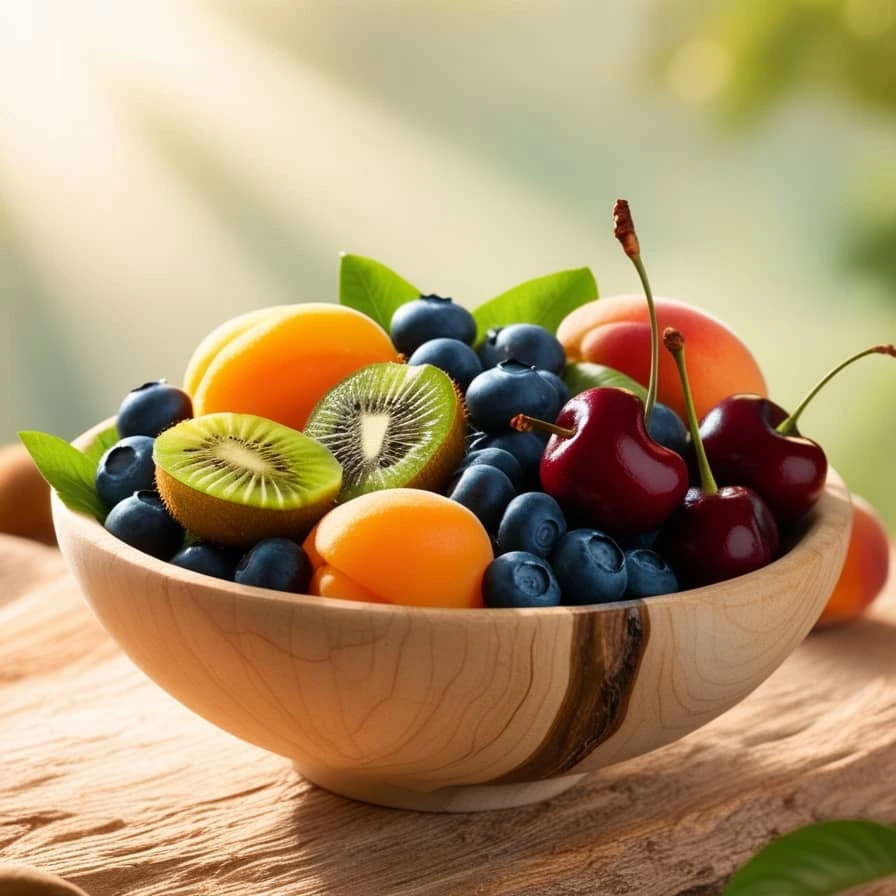 میوه‌ پروتئین‌ دار مانند کیوی، تمشک، و زردآلو به همراه یک ظرف پر از میوه‌های متنوع.