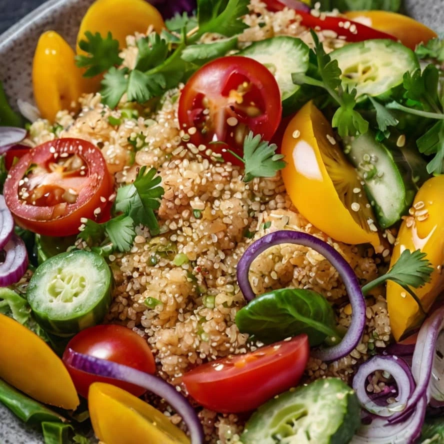 تصویری از سالادی رنگارنگ با کینوا، سبزیجات تازه و دانه‌های کنجد