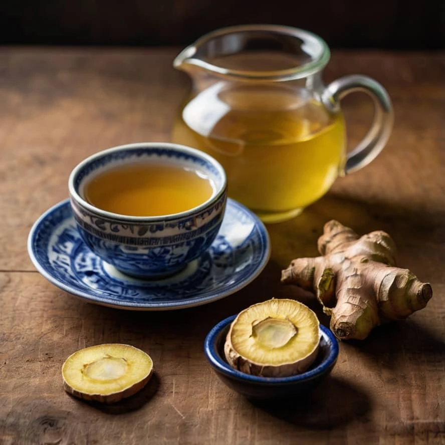 تصویری از ریشه زنجبیل تازه و خرد شده در کنار یک فنجان چای زنجبیل