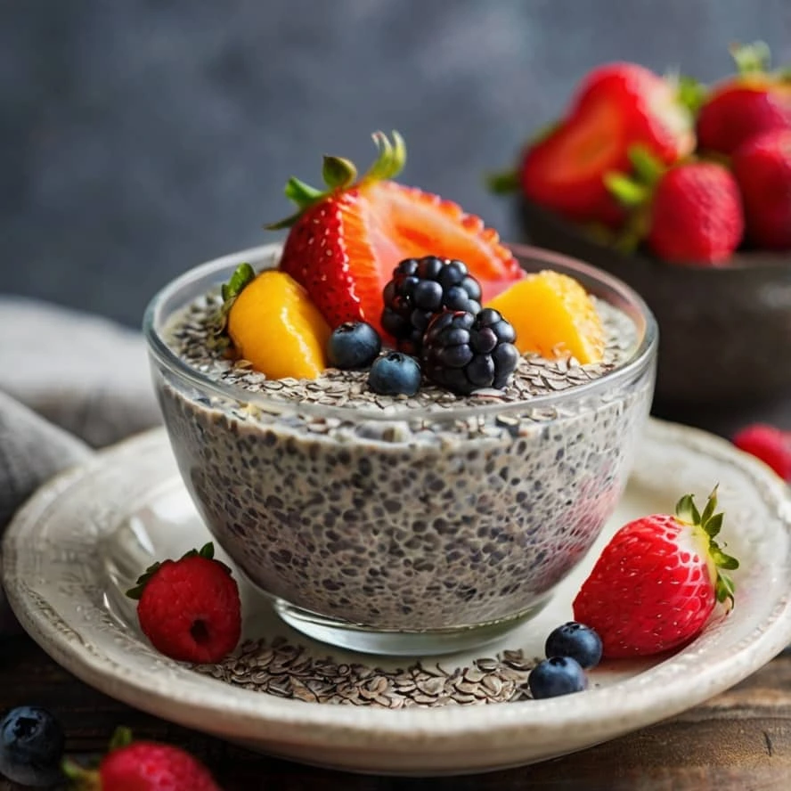 تصویری از یک کاسه پر از پودینگ تخم‌چیا با میوه‌های تازه