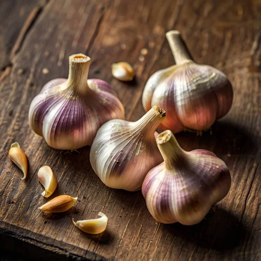 تصویری از چند حبه سیر تازه روی یک تخته آشپزخانه