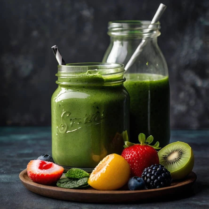 تصویری از یک اسموتی سبز با پودر اسپیرولینا و میوه‌های تازه