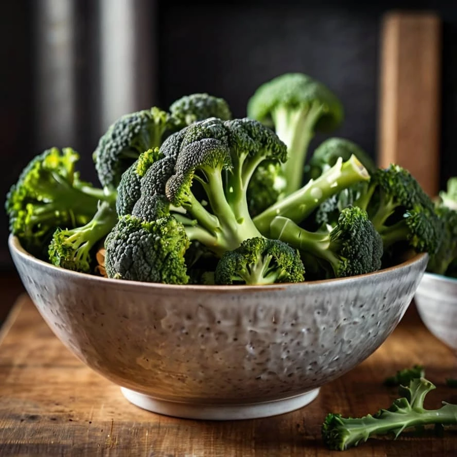 تصویری از یک ظرف بزرگ کلم بروکلی تازه و جذاب روی میز آشپزخانه