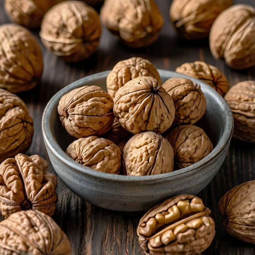 تصویری از یک بشقاب کوچک پر از گردوهای تازه و پوسته‌دار